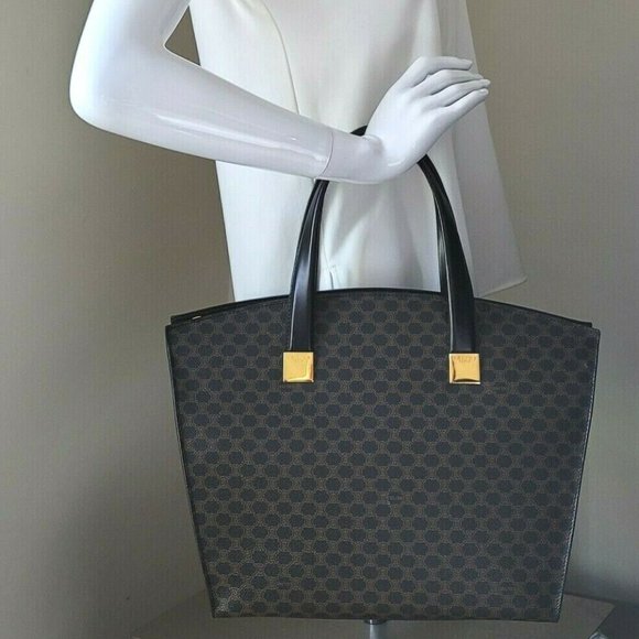 Vintage Celine Triomphe Canvas Black Leather Medium Shoulder Tote Hand Bag Auth - Picture 8 of 16